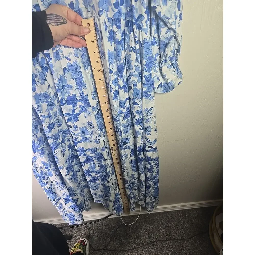 H&M Button Up Shirt Dress XL Blue Floral Oversized Lightweight Travel Summer - Picture 8 of 10